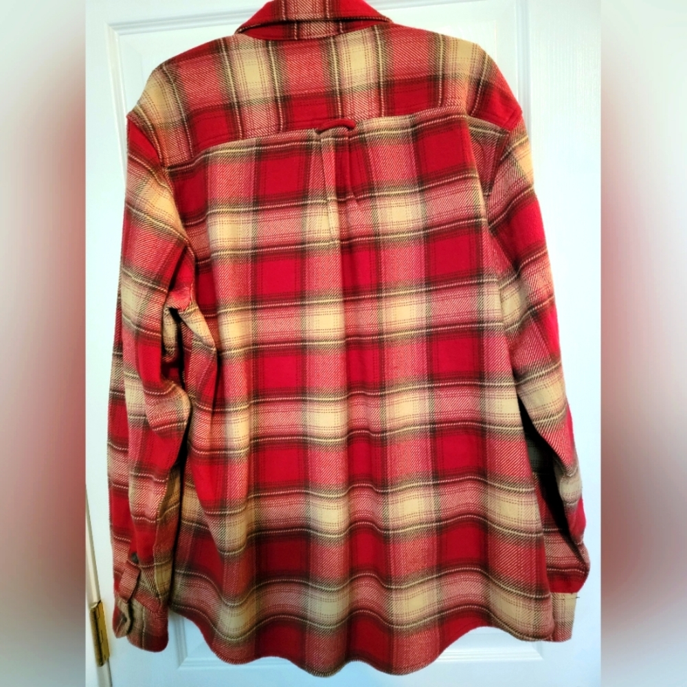 Orvis Flannel Twill Heavy Red Brown Plaid Shirt Jacket w/Pockets Sz L - Picture 2 of 5